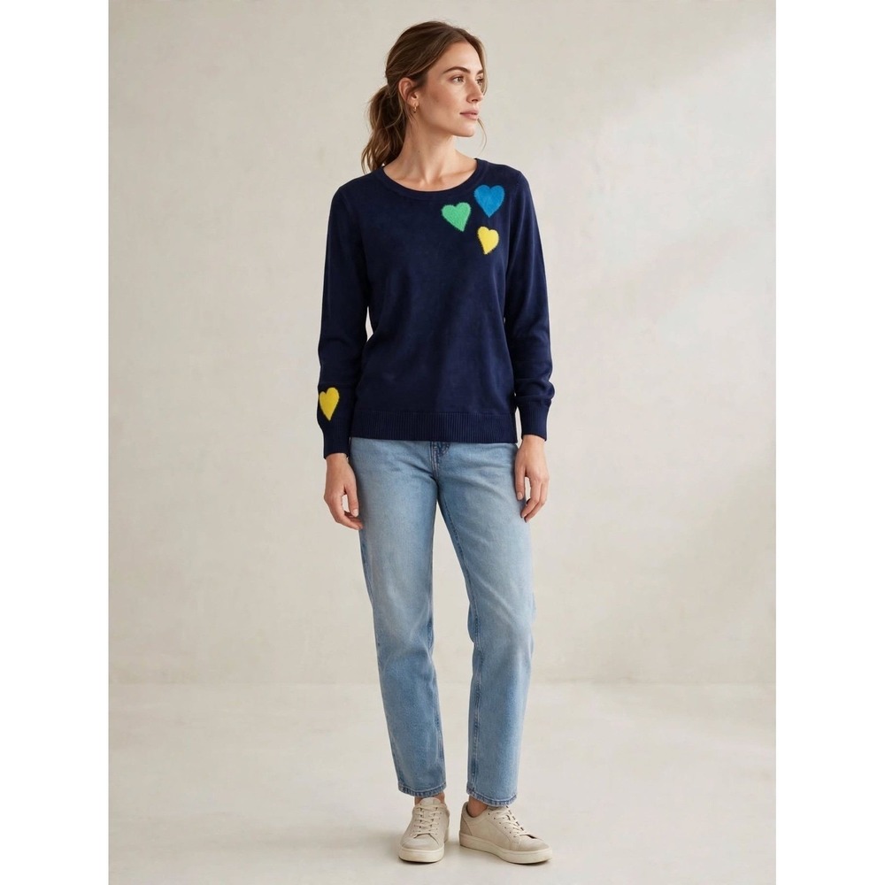 Navy Blue Fuzzy Heart Sweater | 3D Hearts | Long Sleeve Knit Crewneck Pullover